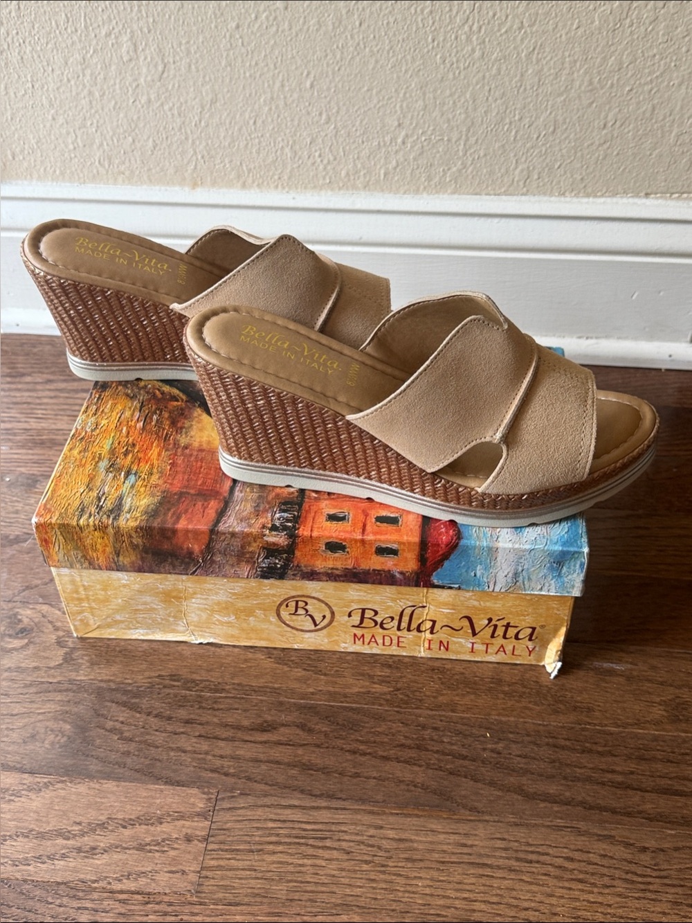 Bella Vita Beige/Tan Woven Wedge Slide Sandals